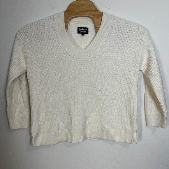 Barbour International Ribbed Midweight Knit Bathurst V-Neck Sweater Size 6 Cream - Picture 1 of 5